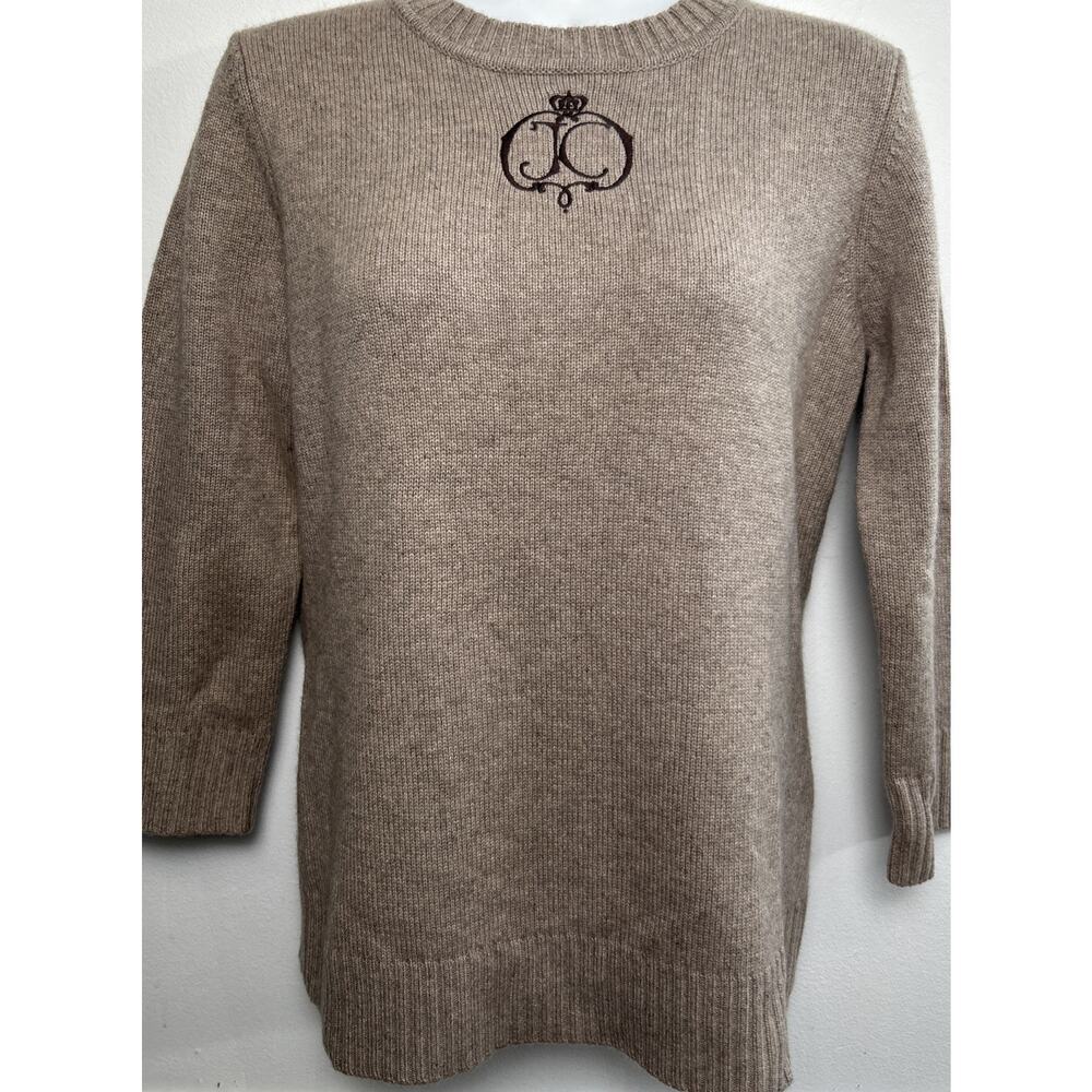 Juicy Couture M Tan Cashmere Merino Wool 3/4 Sleeve Sweater JC Monogram Vtg Y2K